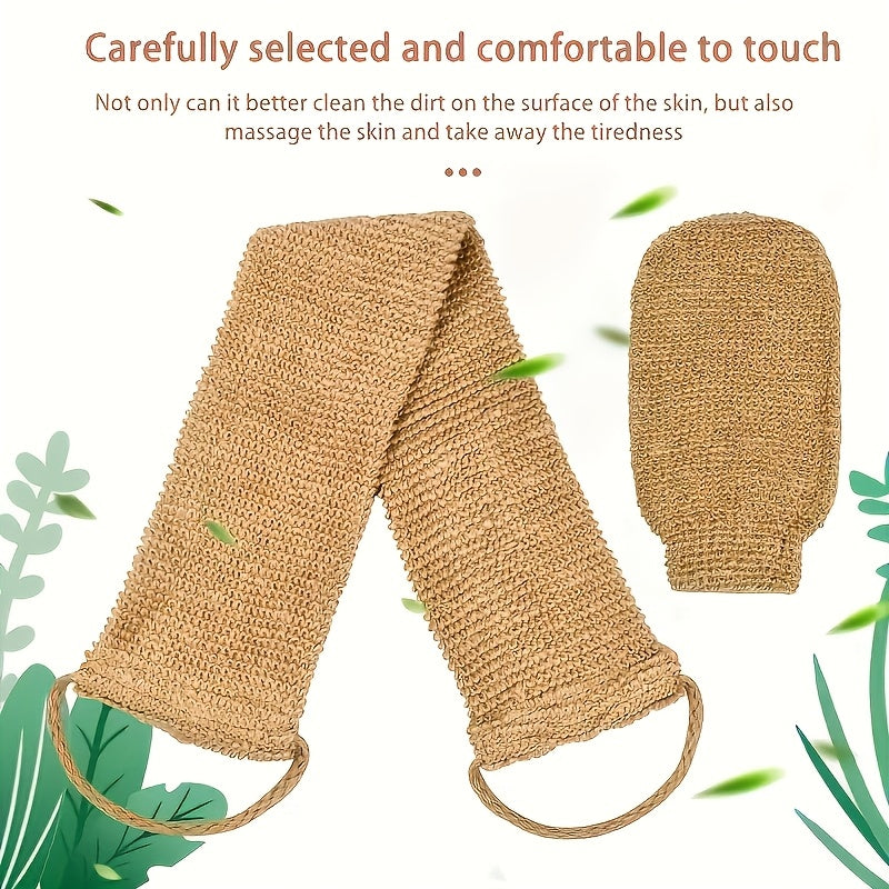 A set of natural sisal exfoliating back rubbing and bathing gloves-gentle exfoliating, long hair winding, shower and bathroom SPA cleaning tools, reusable body scrub set