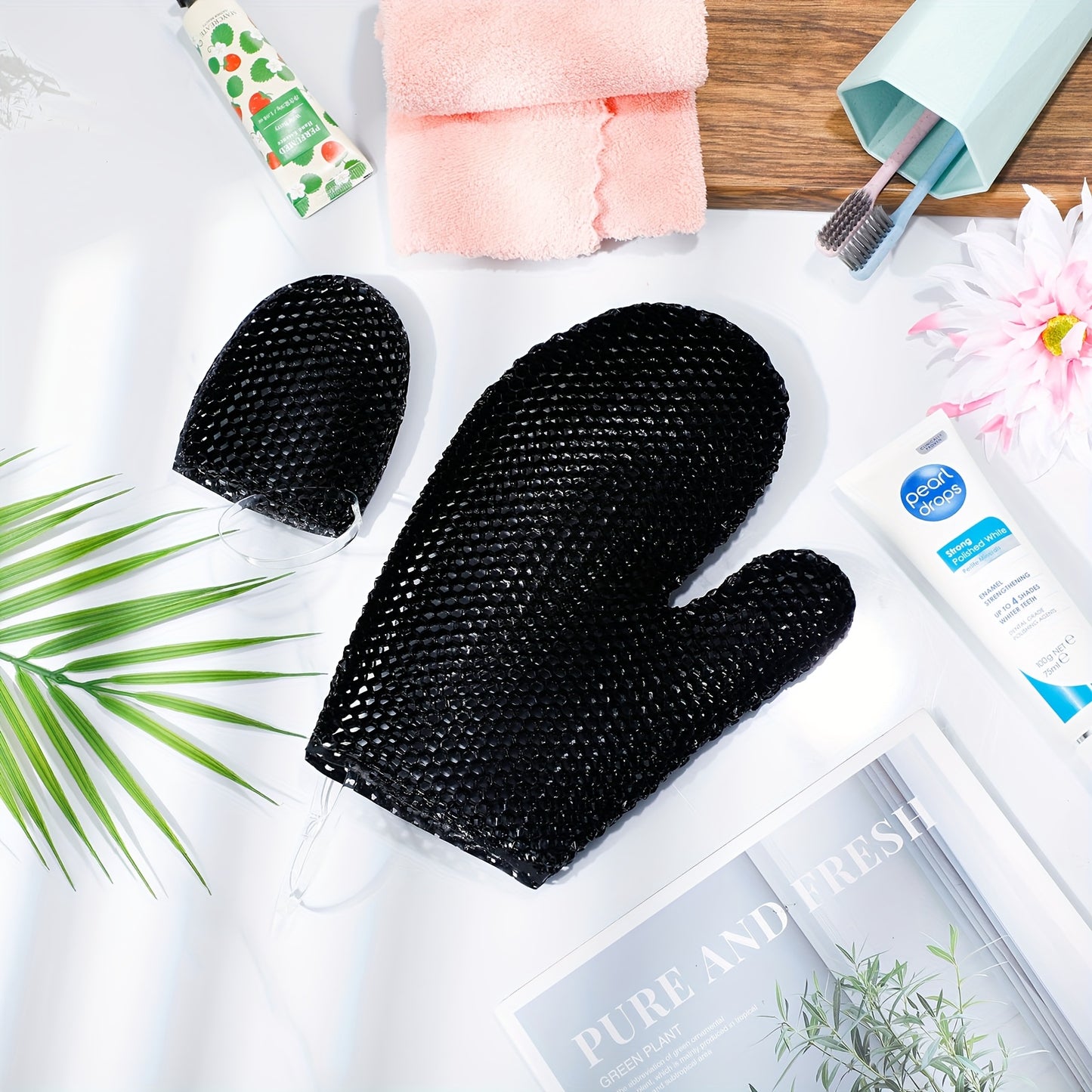 2pcs Black Honeycomb Exfoliating Glove Set - TPU Bath Mitts for Face & Body, Ideal for Shower Scrubbing and Spa Treatments