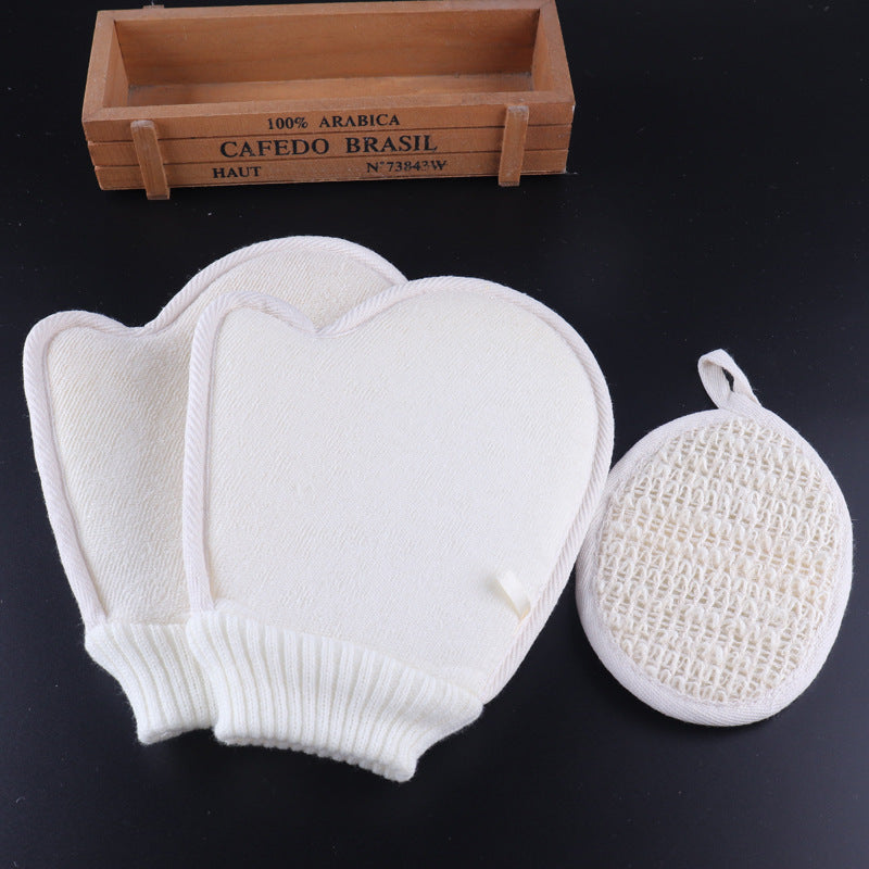 Linen Exfoliating Bath Gloves Set of 2 - Dual-Sided Body Scrub Washcloths, Home Spa Shower Exfoliation Mitts with Hanging Loop