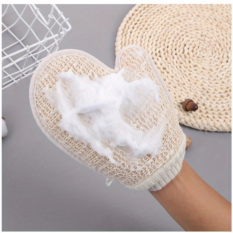Linen Exfoliating Bath Gloves Set of 2 - Dual-Sided Body Scrub Washcloths, Home Spa Shower Exfoliation Mitts with Hanging Loop