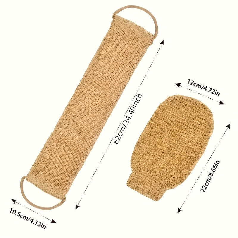 A set of natural sisal exfoliating back rubbing and bathing gloves-gentle exfoliating, long hair winding, shower and bathroom SPA cleaning tools, reusable body scrub set